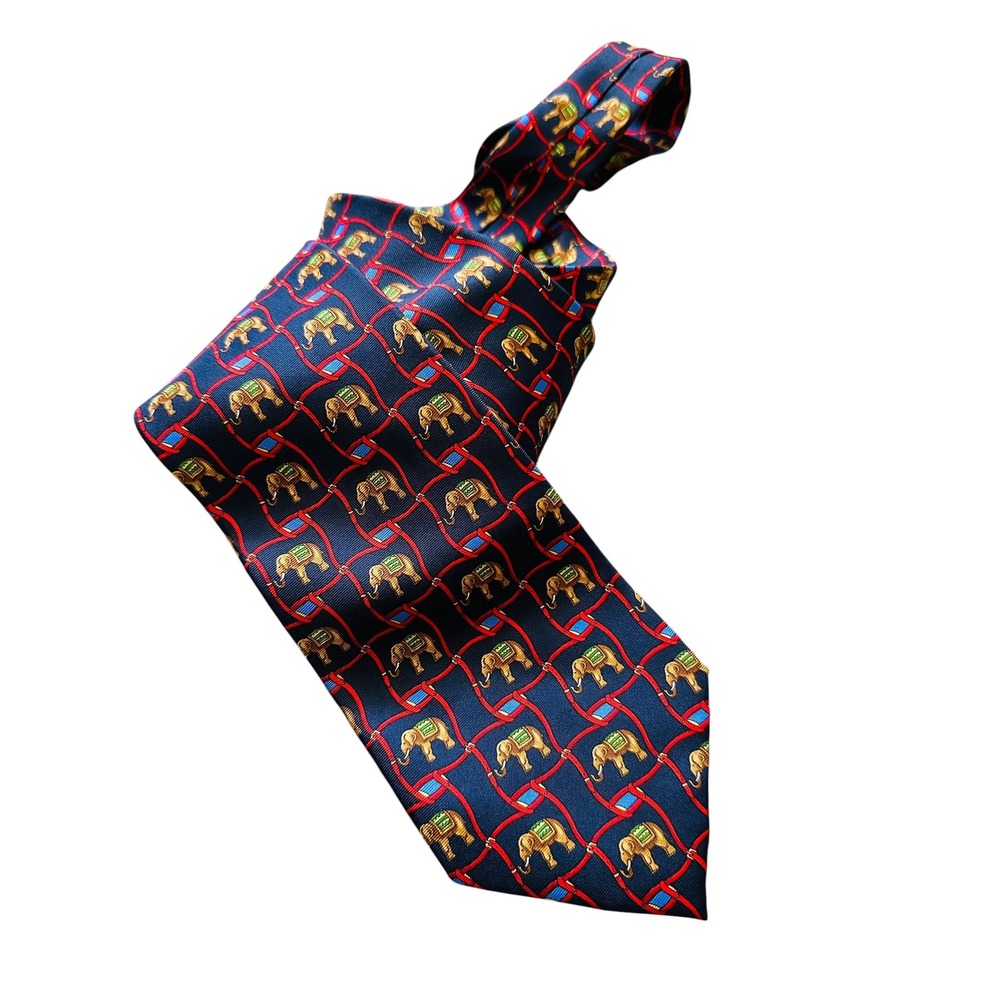 Bernard Silk Tie Navy Blue Elephant Animal Print Geometric Made in‎ France Mens